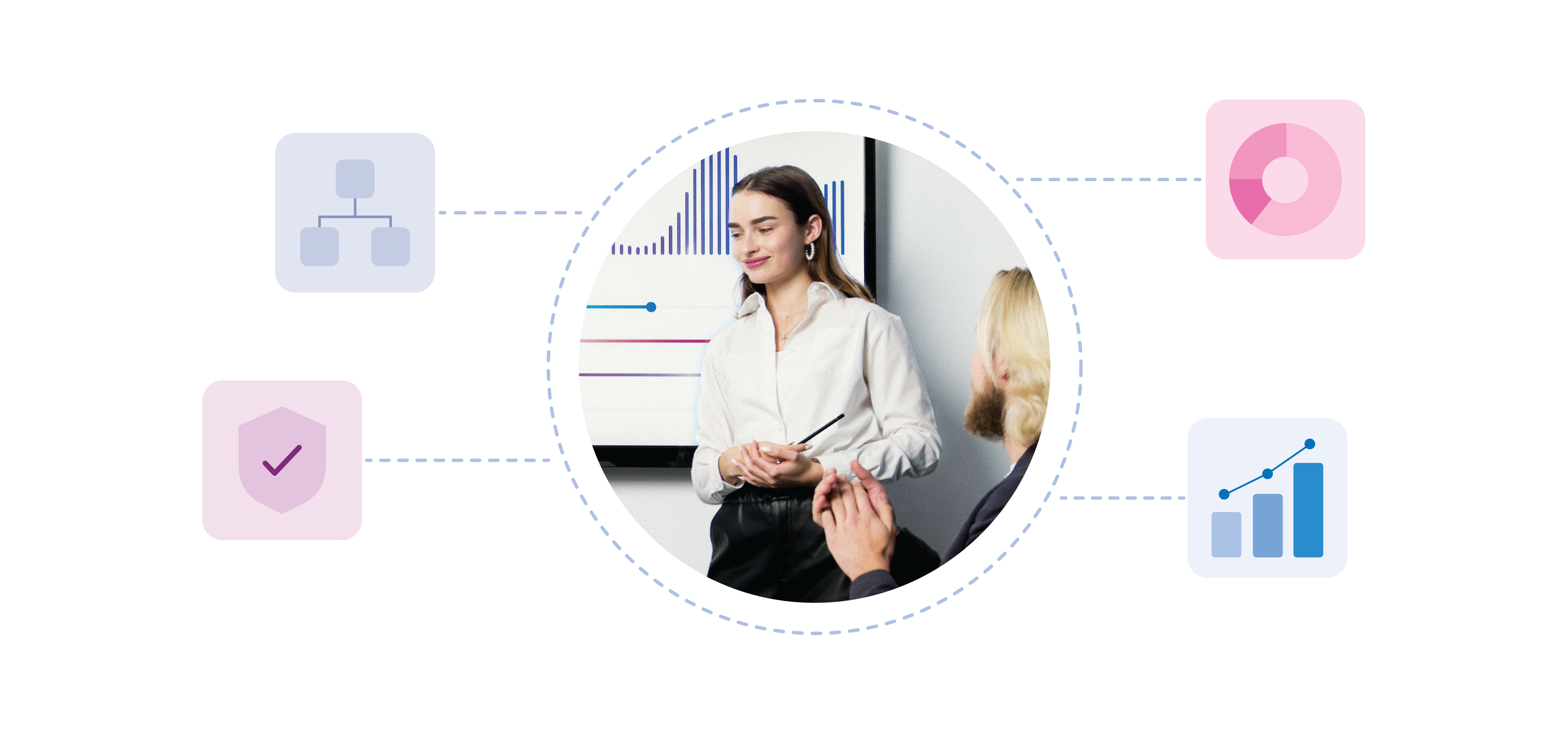 Woman surrounded by charts and data