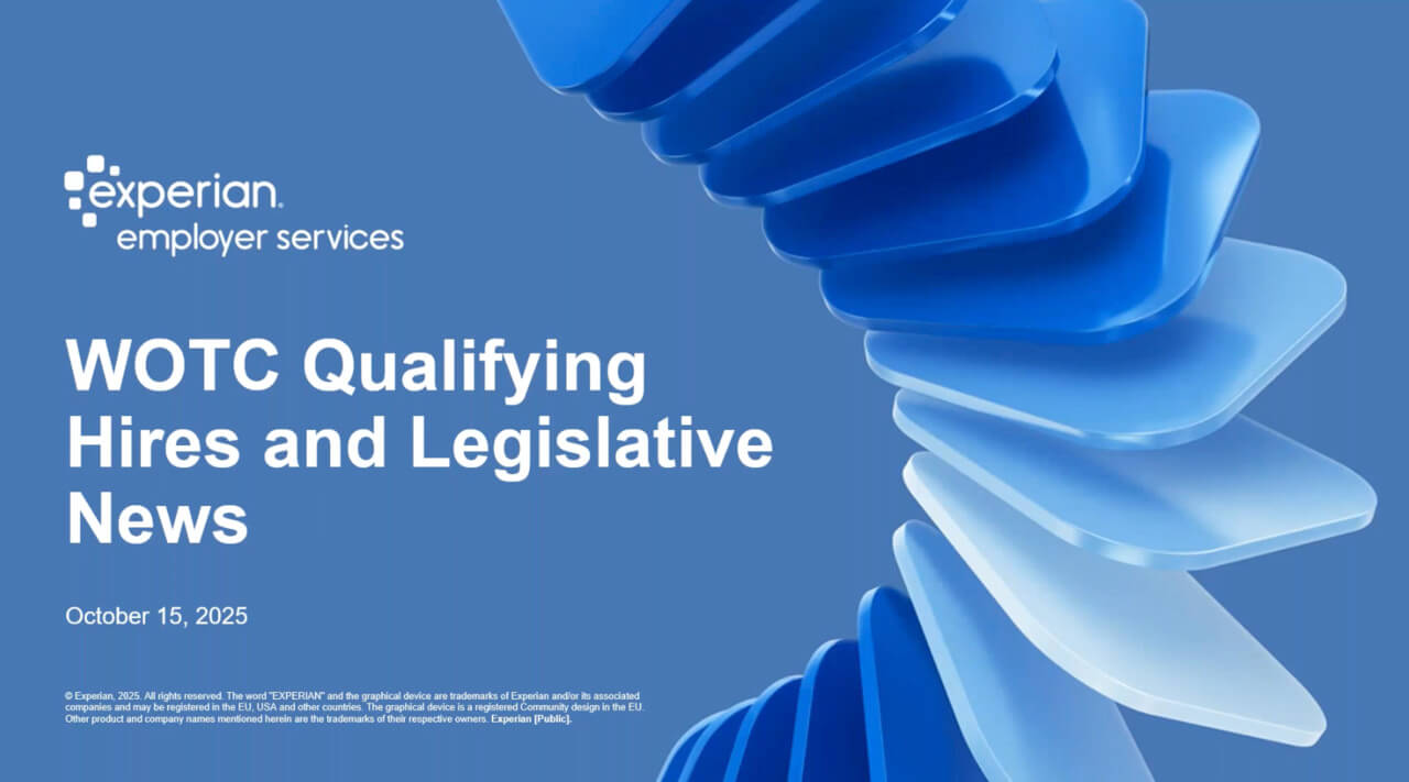 Experian Employer Services graphic announcing WOTC Qualifying Hires and Legislative News for October 15, 2025, with abstract blue layered design.